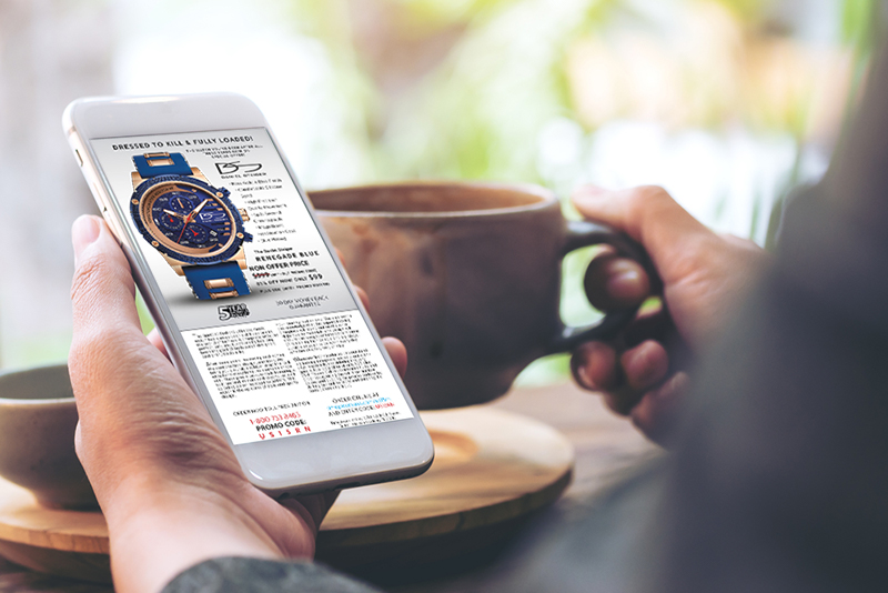 man drinking coffee looking at a display ad for watches. placing display advertising for consumer products and increase sales to your audience.
